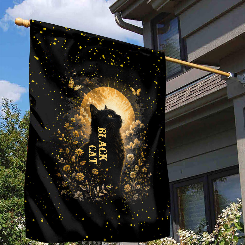 Black Cat Celestial Moon Garden Flag Mystical Gold Floral Night Sky