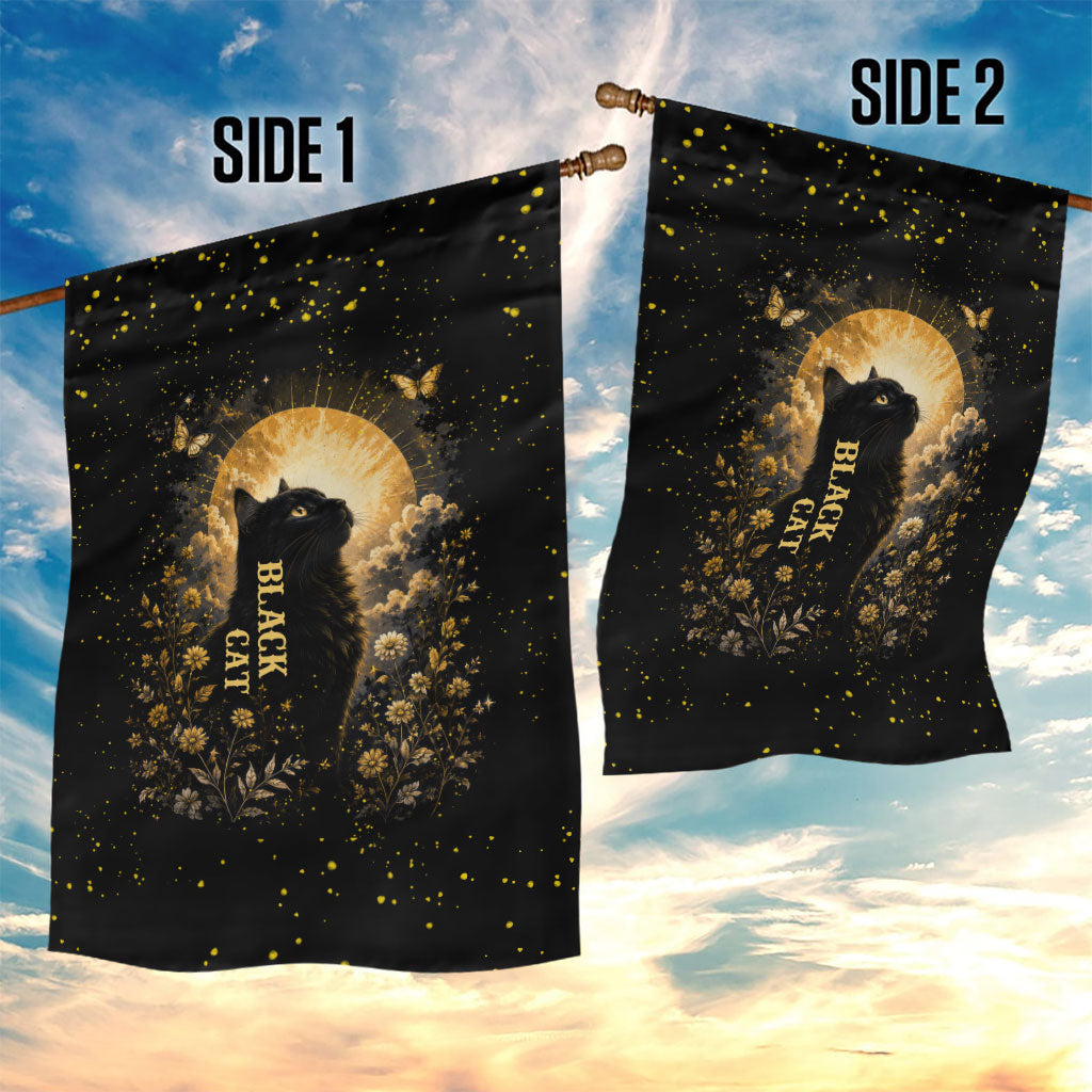 Black Cat Celestial Moon Garden Flag Mystical Gold Floral Night Sky