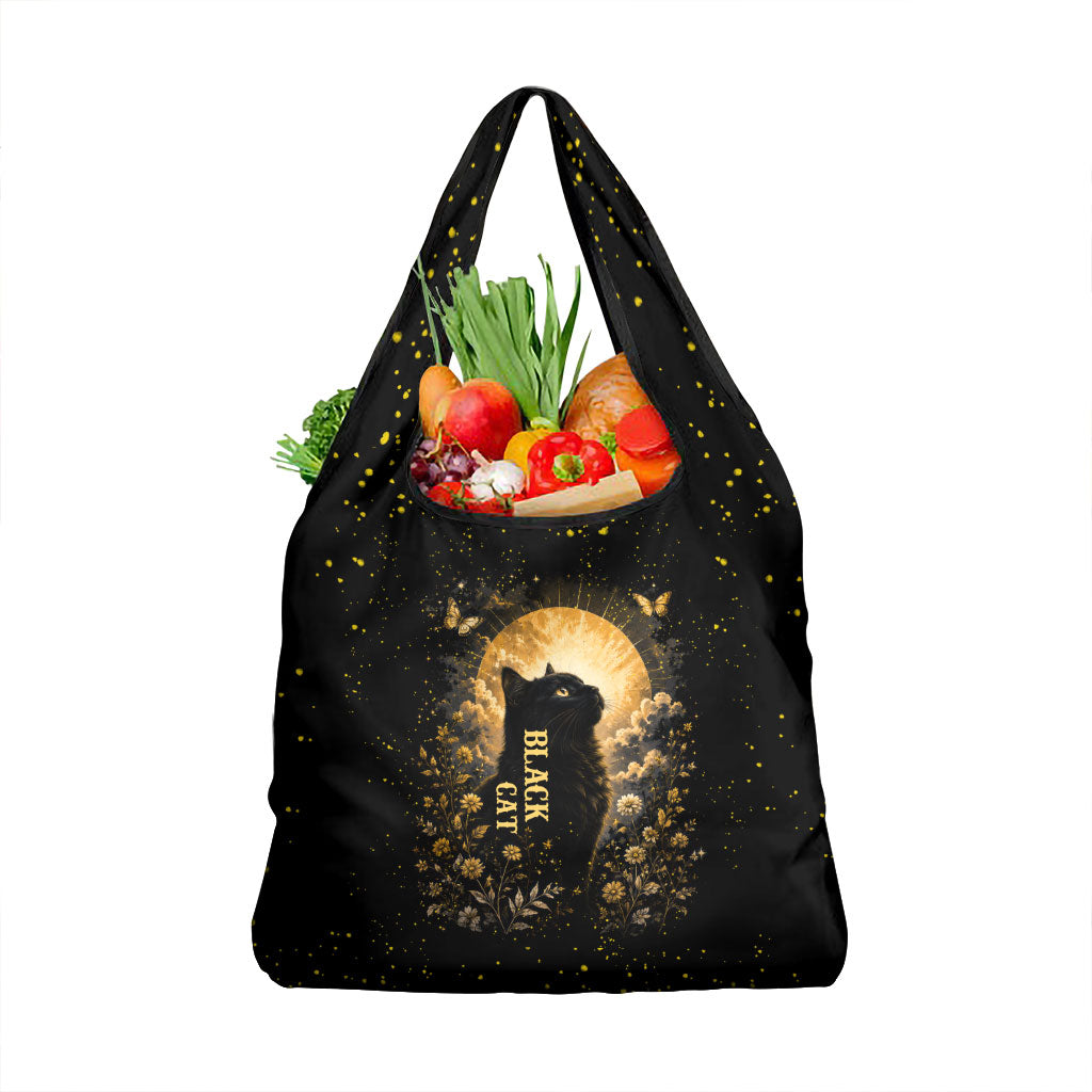 Black Cat Celestial Moon Grocery Bag Mystical Gold Floral Night Sky