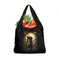 Black Cat Celestial Moon Grocery Bag Mystical Gold Floral Night Sky