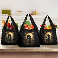 Black Cat Celestial Moon Grocery Bag Mystical Gold Floral Night Sky