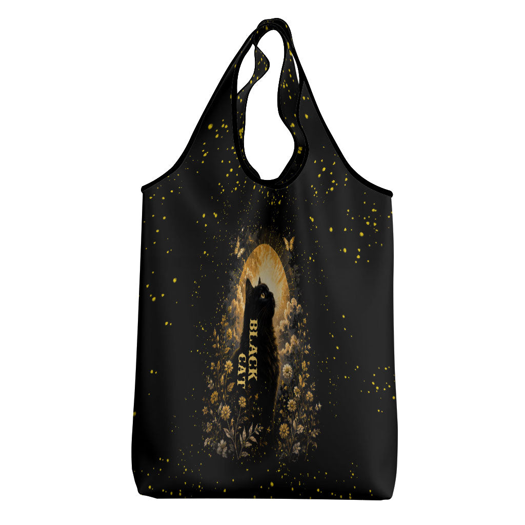 Black Cat Celestial Moon Grocery Bag Mystical Gold Floral Night Sky