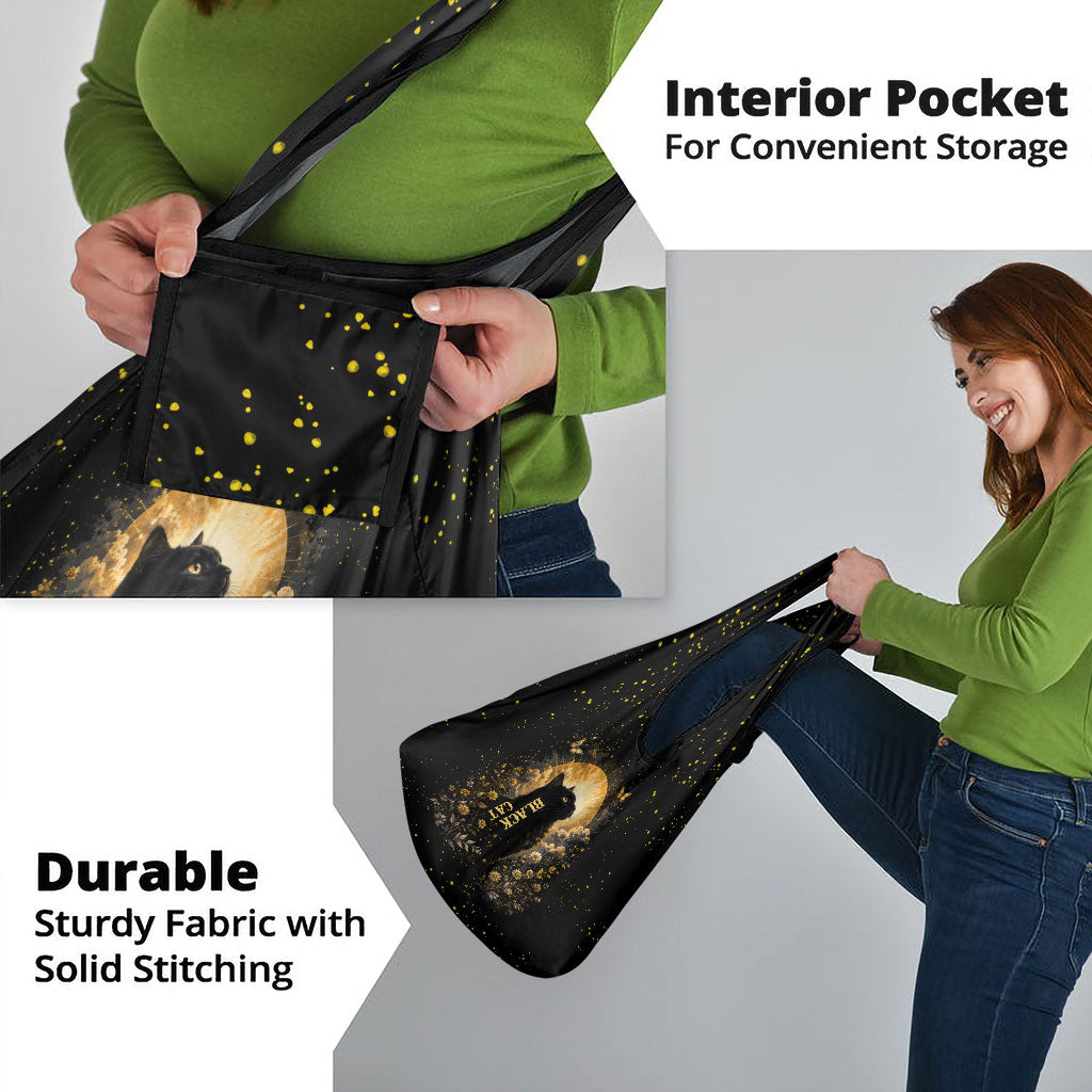 Black Cat Celestial Moon Grocery Bag Mystical Gold Floral Night Sky
