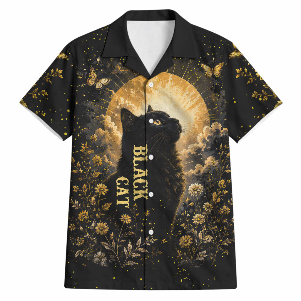 Black Cat Celestial Moon Hawaiian Shirt Mystical Gold Floral Night Sky