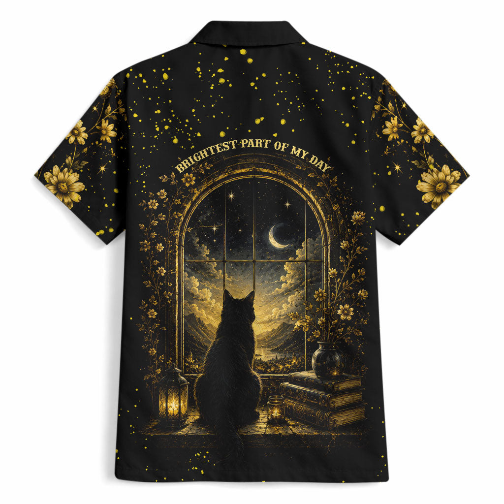 Black Cat Celestial Moon Hawaiian Shirt Mystical Gold Floral Night Sky