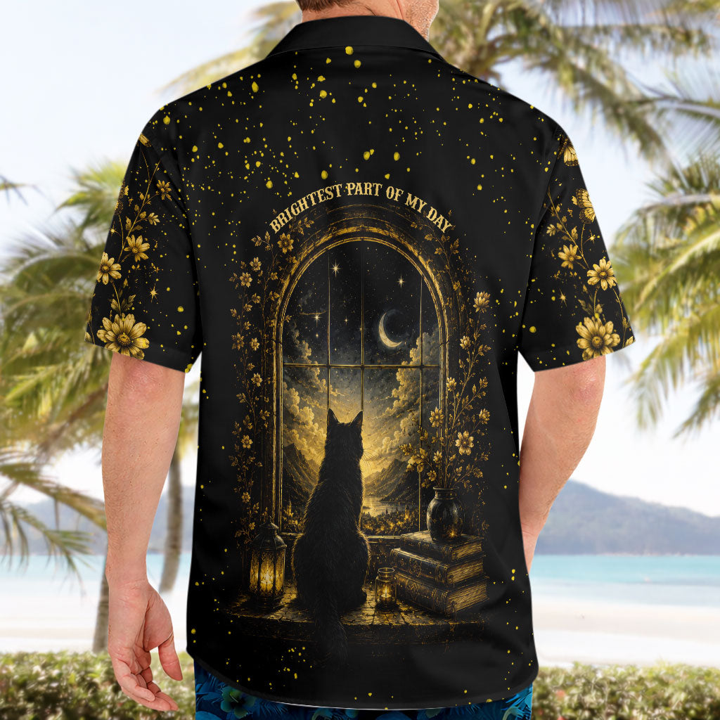 Black Cat Celestial Moon Hawaiian Shirt Mystical Gold Floral Night Sky