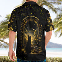Black Cat Celestial Moon Hawaiian Shirt Mystical Gold Floral Night Sky