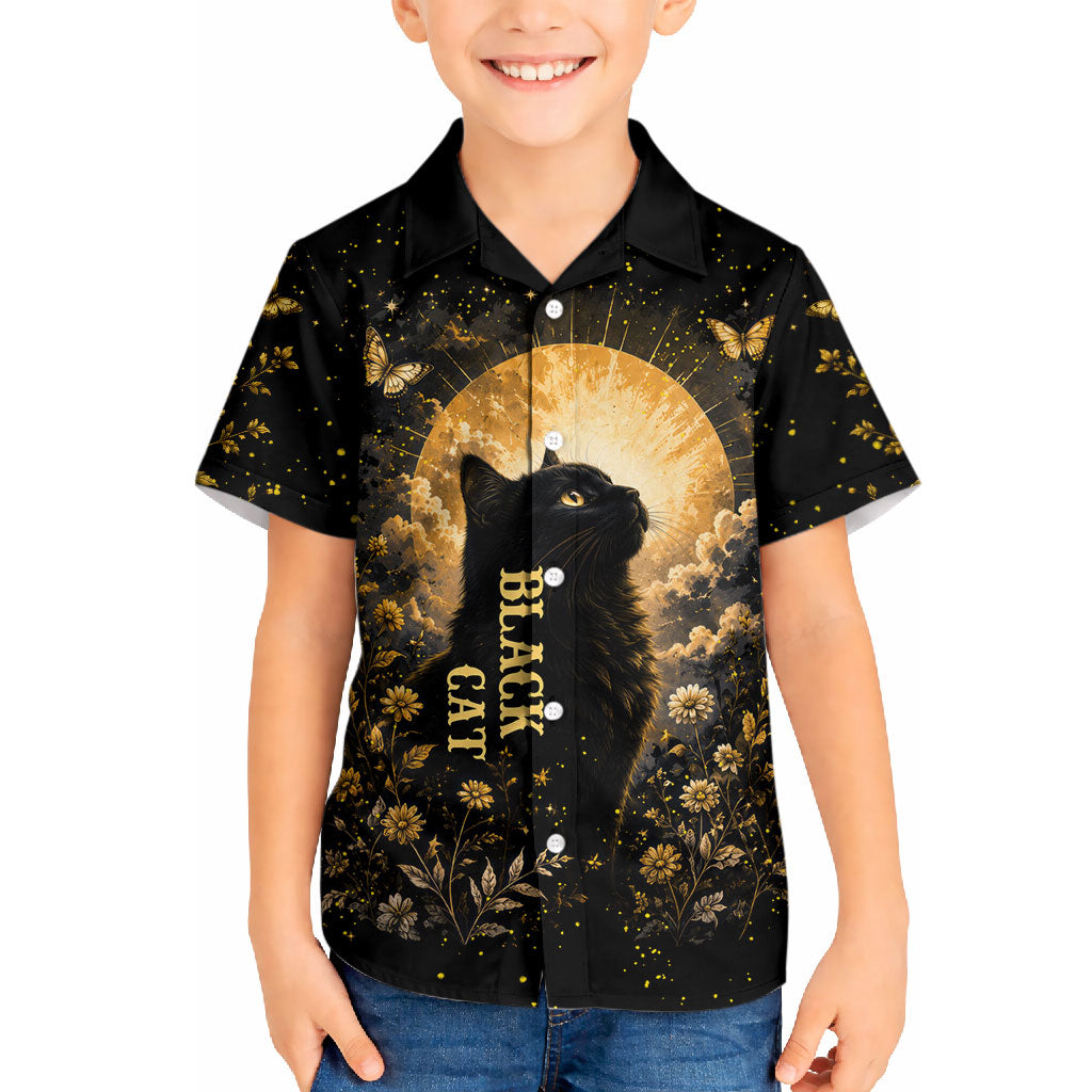 Black Cat Celestial Moon Hawaiian Shirt Mystical Gold Floral Night Sky