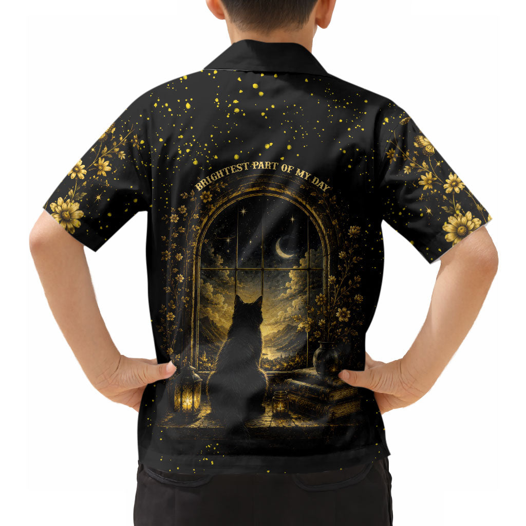 Black Cat Celestial Moon Hawaiian Shirt Mystical Gold Floral Night Sky