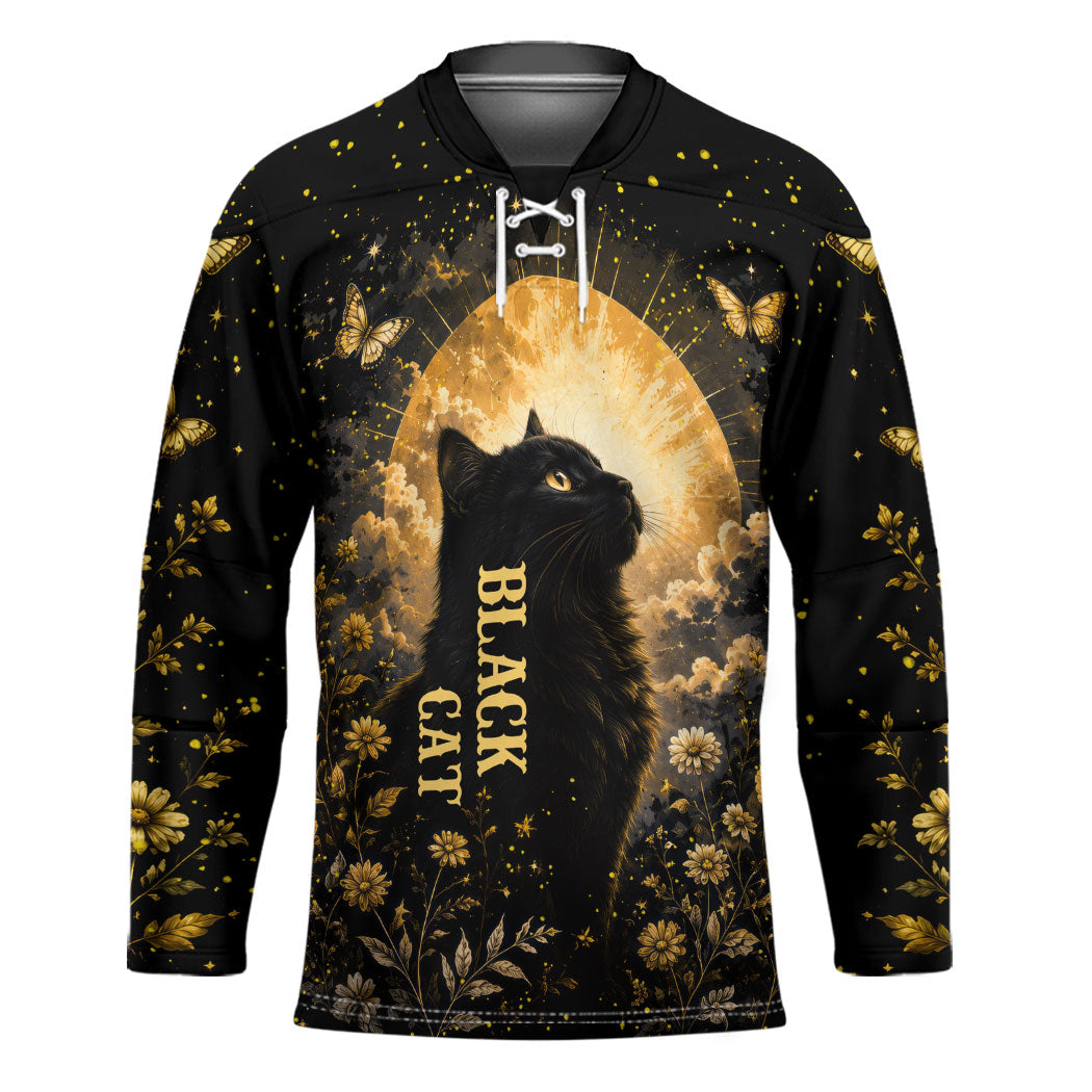 Black Cat Celestial Moon Hockey Jersey Mystical Gold Floral Night Sky