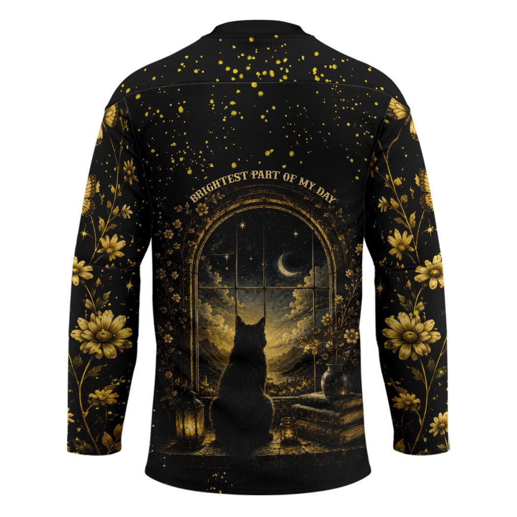 Black Cat Celestial Moon Hockey Jersey Mystical Gold Floral Night Sky