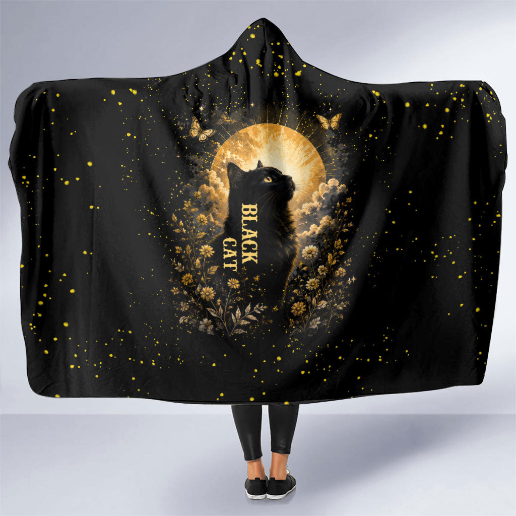 Black Cat Celestial Moon Hooded Blanket Mystical Gold Floral Night Sky
