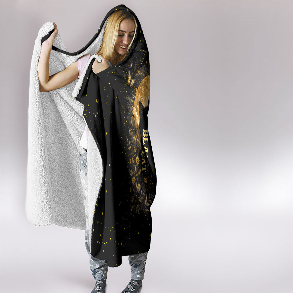Black Cat Celestial Moon Hooded Blanket Mystical Gold Floral Night Sky
