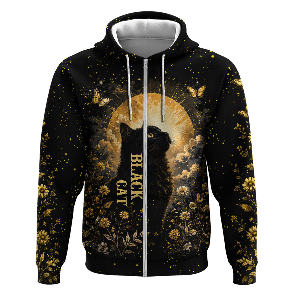 Black Cat Celestial Moon Hoodie Mystical Gold Floral Night Sky