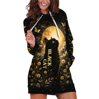 Black Cat Celestial Moon Hoodie Dress Mystical Gold Floral Night Sky