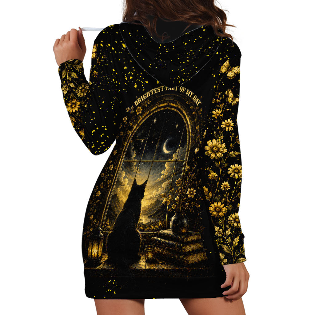Black Cat Celestial Moon Hoodie Dress Mystical Gold Floral Night Sky