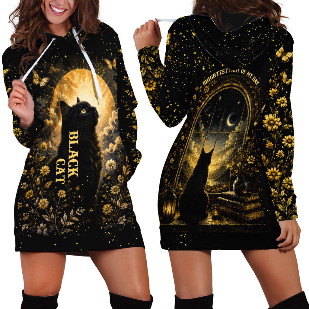 Black Cat Celestial Moon Hoodie Dress Mystical Gold Floral Night Sky