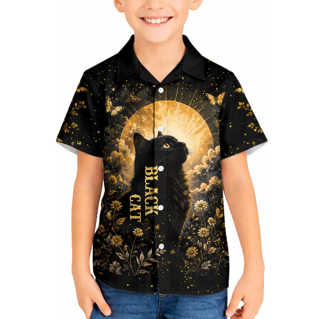 Black Cat Celestial Moon Kid Hawaiian Shirt Mystical Gold Floral Night Sky
