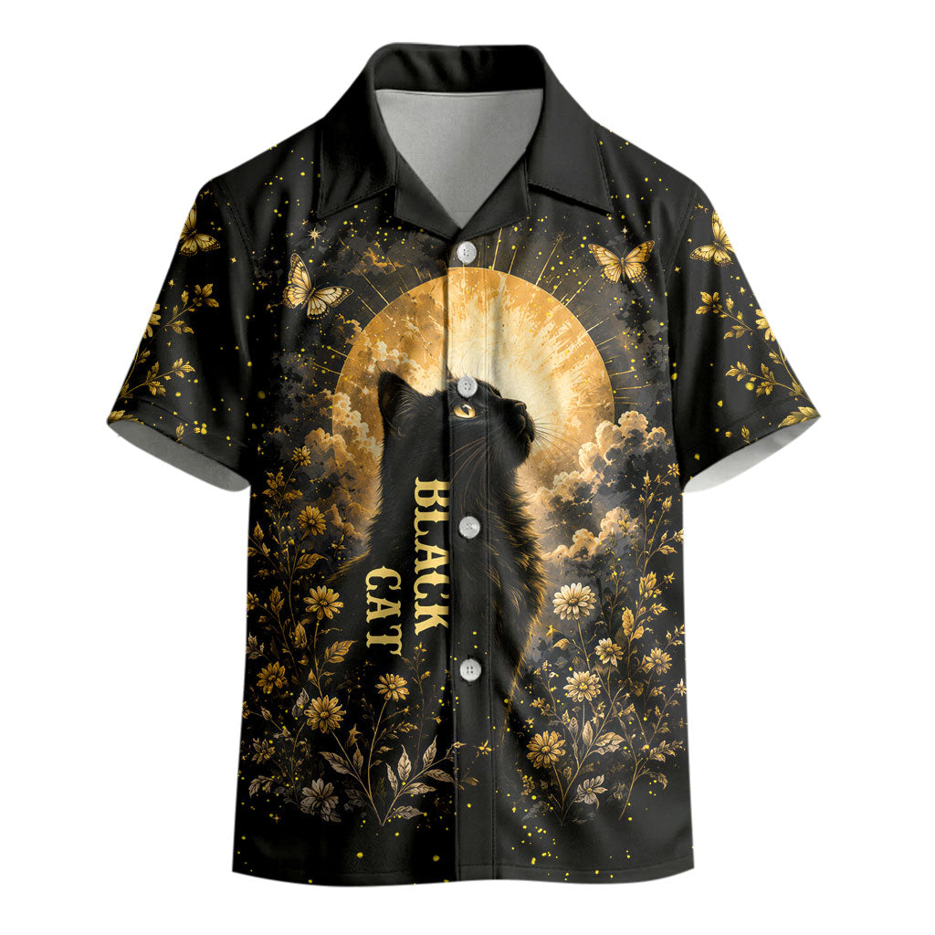 Black Cat Celestial Moon Kid Hawaiian Shirt Mystical Gold Floral Night Sky