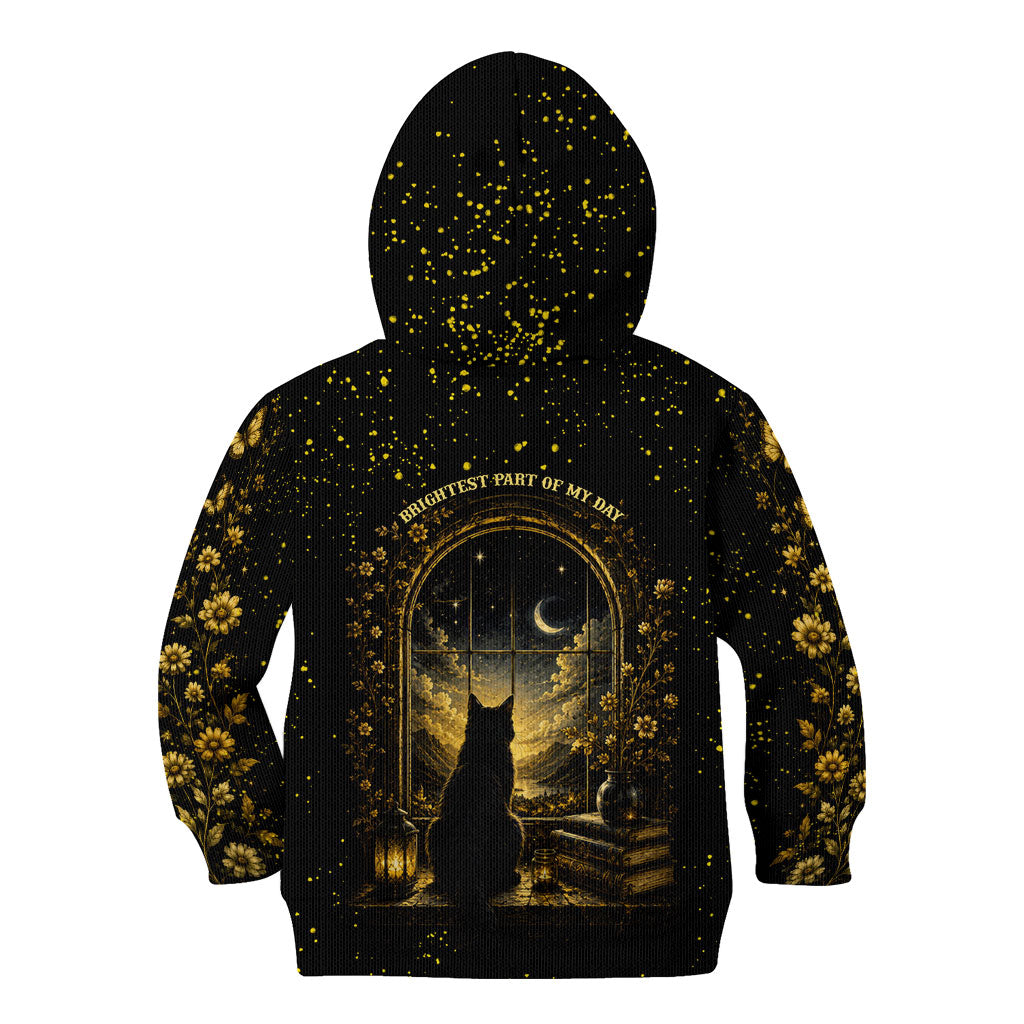 Black Cat Celestial Moon Kid Hoodie Mystical Gold Floral Night Sky