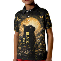 Black Cat Celestial Moon Kid Polo Shirt Mystical Gold Floral Night Sky