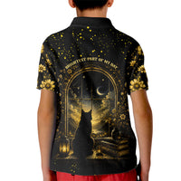 Black Cat Celestial Moon Kid Polo Shirt Mystical Gold Floral Night Sky