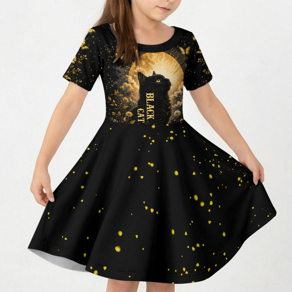 Black Cat Celestial Moon Kid Short Sleeve Dress Mystical Gold Floral Night Sky