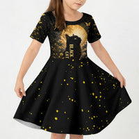 Black Cat Celestial Moon Kid Short Sleeve Dress Mystical Gold Floral Night Sky