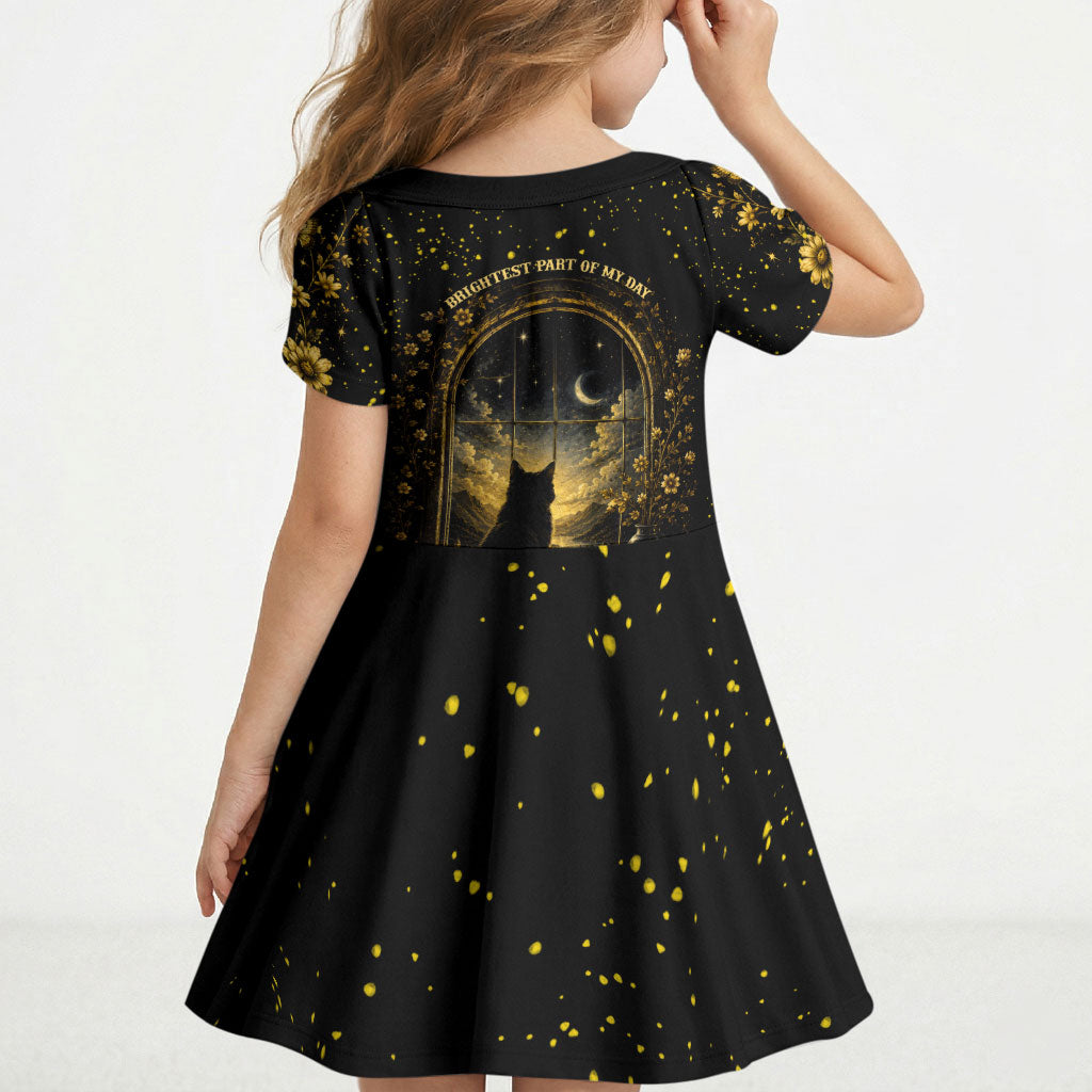 Black Cat Celestial Moon Kid Short Sleeve Dress Mystical Gold Floral Night Sky