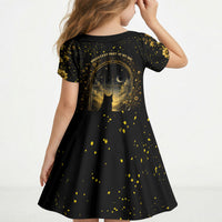 Black Cat Celestial Moon Kid Short Sleeve Dress Mystical Gold Floral Night Sky