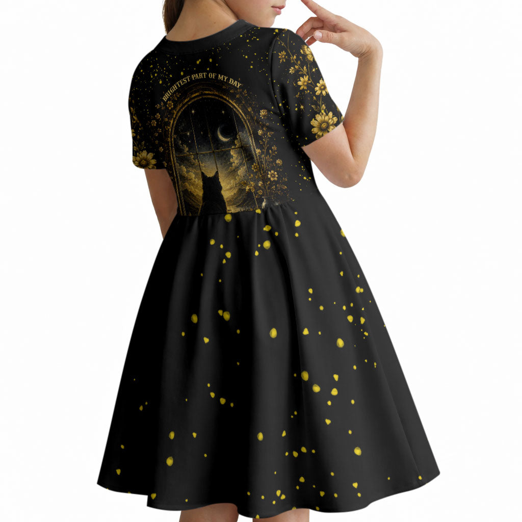 Black Cat Celestial Moon Kid Short Sleeve Dress Mystical Gold Floral Night Sky