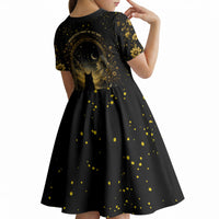 Black Cat Celestial Moon Kid Short Sleeve Dress Mystical Gold Floral Night Sky