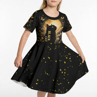 Black Cat Celestial Moon Kid Short Sleeve Dress Mystical Gold Floral Night Sky
