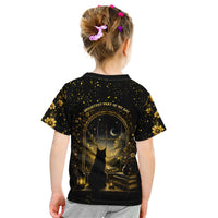 Black Cat Celestial Moon Kid T Shirt Mystical Gold Floral Night Sky