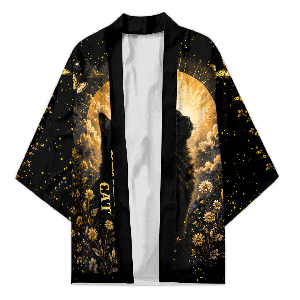 Black Cat Celestial Moon Kimono Mystical Gold Floral Night Sky