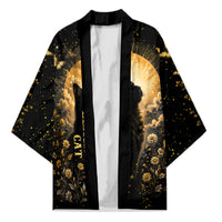 Black Cat Celestial Moon Kimono Mystical Gold Floral Night Sky
