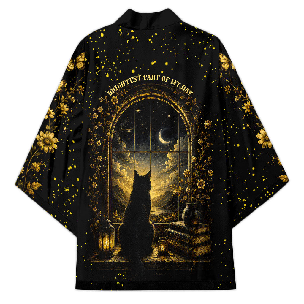Black Cat Celestial Moon Kimono Mystical Gold Floral Night Sky