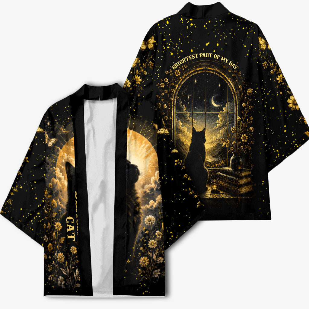 Black Cat Celestial Moon Kimono Mystical Gold Floral Night Sky