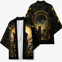 Black Cat Celestial Moon Kimono Mystical Gold Floral Night Sky