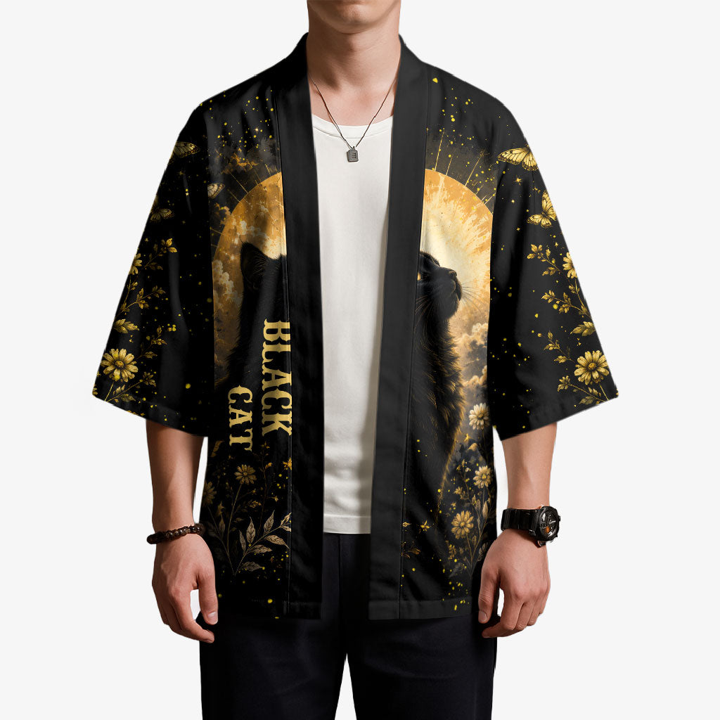Black Cat Celestial Moon Kimono Mystical Gold Floral Night Sky