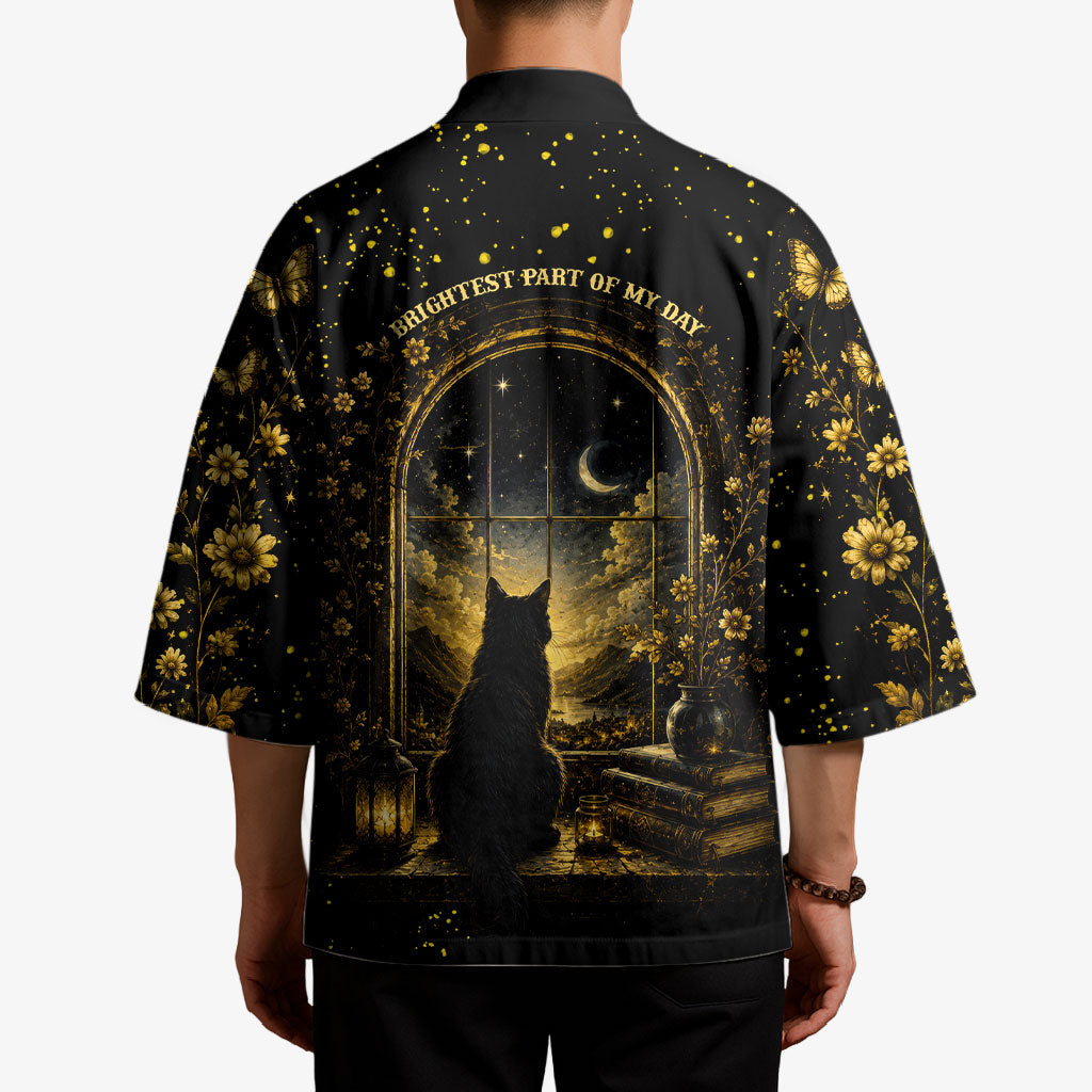 Black Cat Celestial Moon Kimono Mystical Gold Floral Night Sky