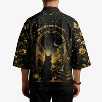 Black Cat Celestial Moon Kimono Mystical Gold Floral Night Sky