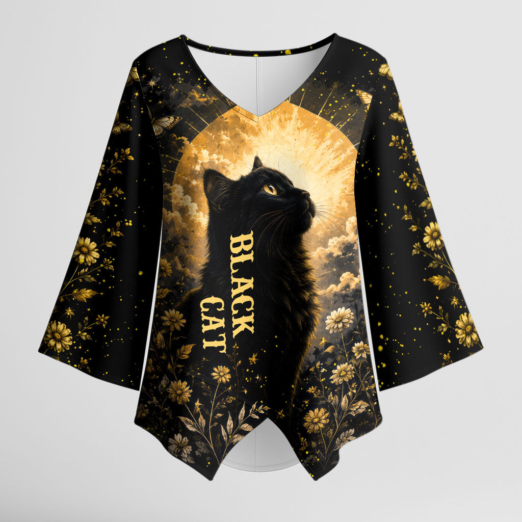Black Cat Celestial Moon Kimono Sleeve Blouse Mystical Gold Floral Night Sky