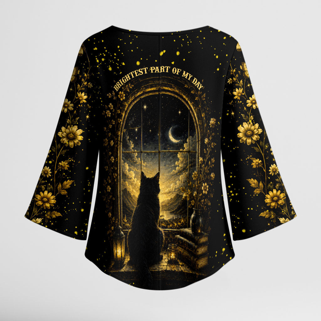 Black Cat Celestial Moon Kimono Sleeve Blouse Mystical Gold Floral Night Sky