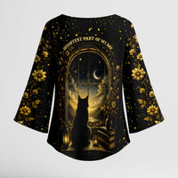 Black Cat Celestial Moon Kimono Sleeve Blouse Mystical Gold Floral Night Sky