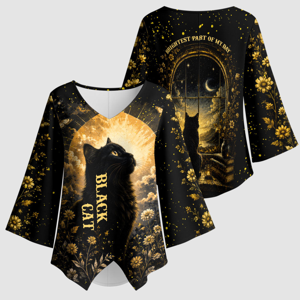 Black Cat Celestial Moon Kimono Sleeve Blouse Mystical Gold Floral Night Sky