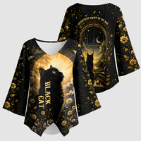 Black Cat Celestial Moon Kimono Sleeve Blouse Mystical Gold Floral Night Sky
