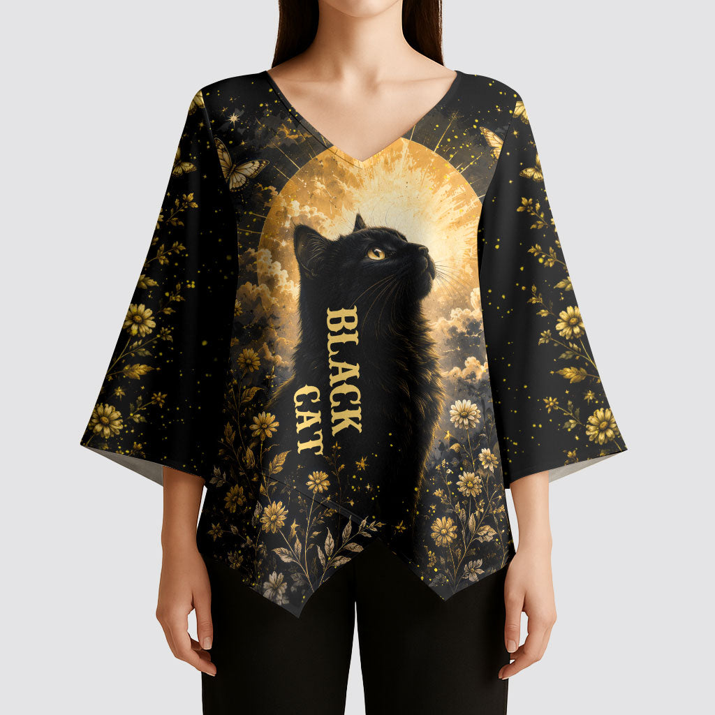 Black Cat Celestial Moon Kimono Sleeve Blouse Mystical Gold Floral Night Sky
