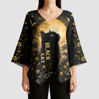 Black Cat Celestial Moon Kimono Sleeve Blouse Mystical Gold Floral Night Sky