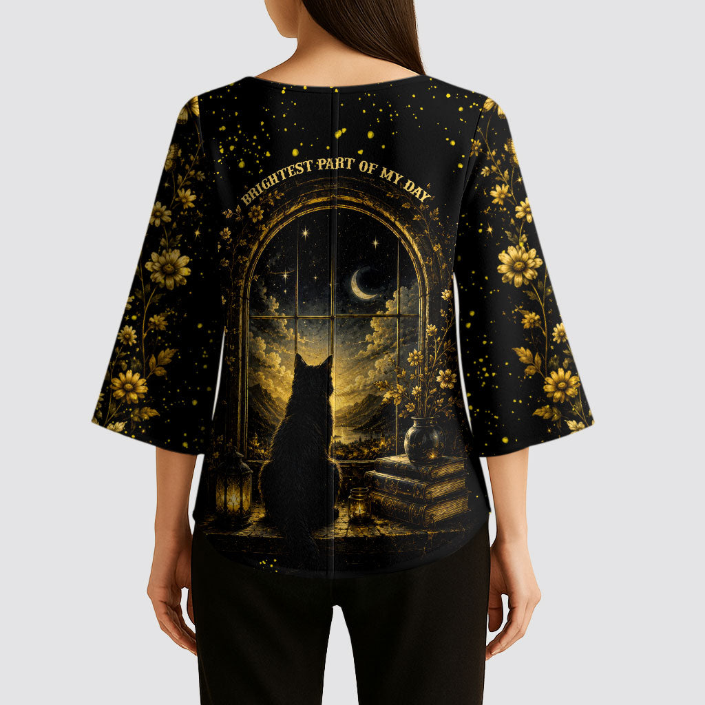Black Cat Celestial Moon Kimono Sleeve Blouse Mystical Gold Floral Night Sky
